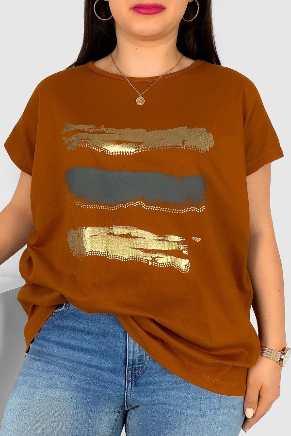 T-shirt damski plus size nietoperz w kolorze miedzianym nadruk złoty pasy Selmi