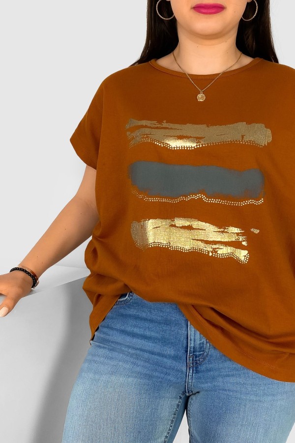 T-shirt damski plus size nietoperz w kolorze miedzianym nadruk złoty pasy Selmi 1