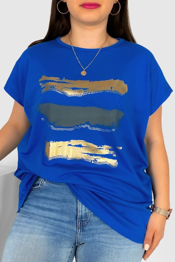 T-shirt damski plus size nietoperz w kolorze chabrowym nadruk złoty pasy Selmi