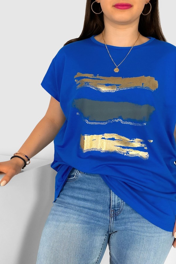 T-shirt damski plus size nietoperz w kolorze chabrowym nadruk złoty pasy Selmi 1