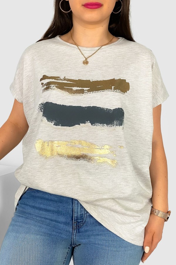 T-shirt damski plus size nietoperz w kolorze beżowego melanżu nadruk złoty pasy Selmi