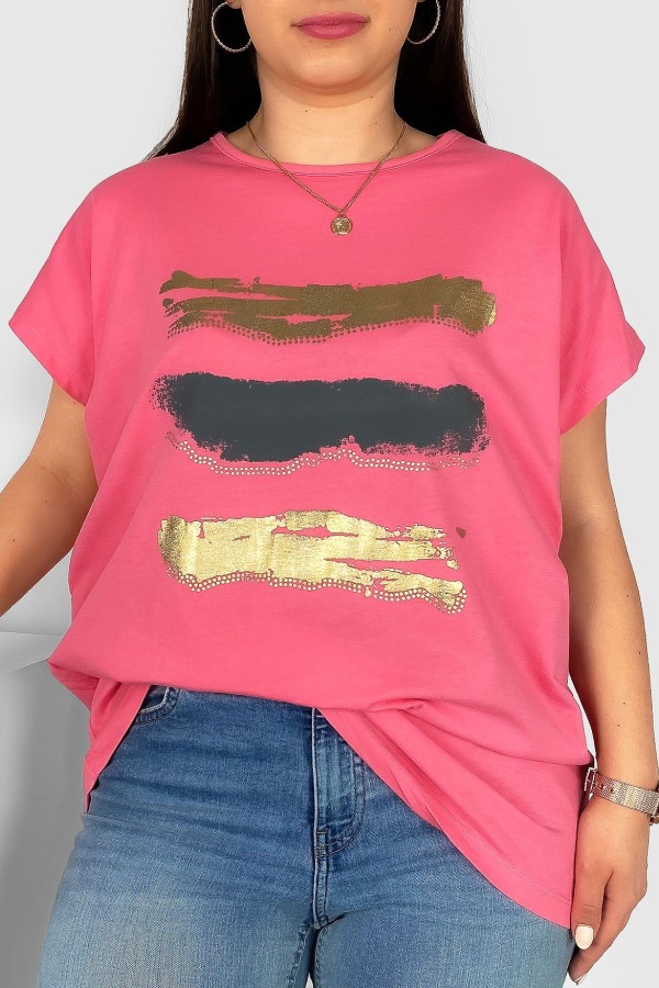 T-shirt damski plus size nietoperz w kolorze różowym nadruk złoty pasy Selmi