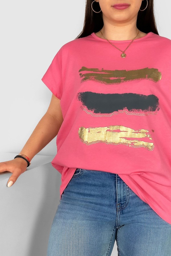 T-shirt damski plus size nietoperz w kolorze różowym nadruk złoty pasy Selmi 1