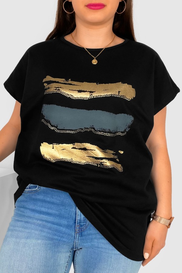 T-shirt damski plus size nietoperz w kolorze czarnym nadruk złoty pasy Selmi