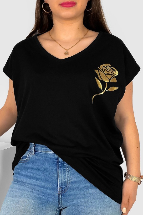 T-shirt damski plus size nietoperz dekolt w serek V-neck czarny złota róża Rosi