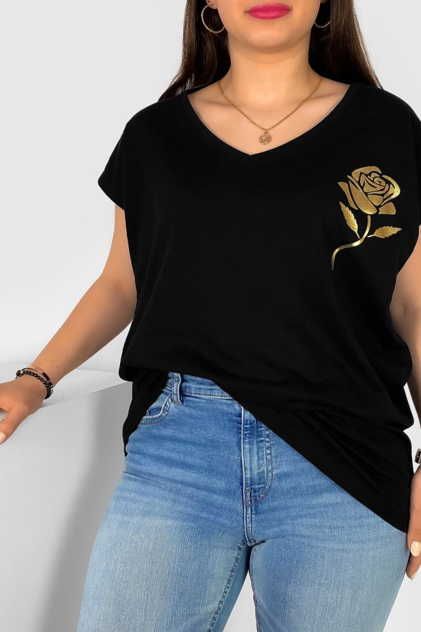 T-shirt damski plus size nietoperz dekolt w serek V-neck czarny złota róża Rosi 1