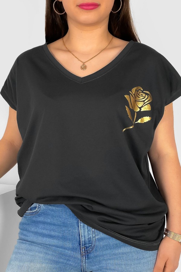 T-shirt damski plus size nietoperz dekolt w serek V-neck grafitowy złota róża Rosi