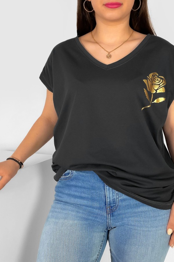 T-shirt damski plus size nietoperz dekolt w serek V-neck grafitowy złota róża Rosi 1