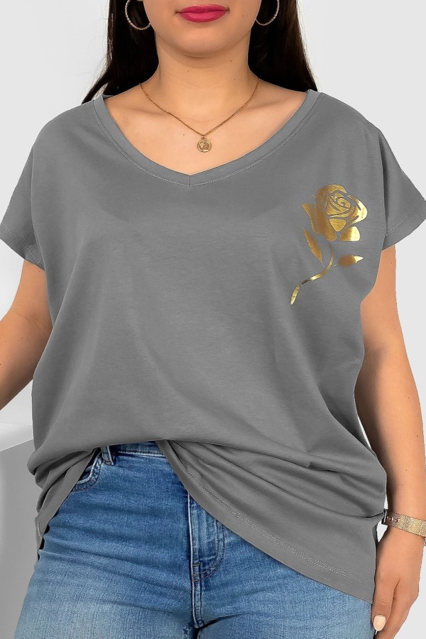 T-shirt damski plus size nietoperz dekolt w serek V-neck szary złota róża Rosi