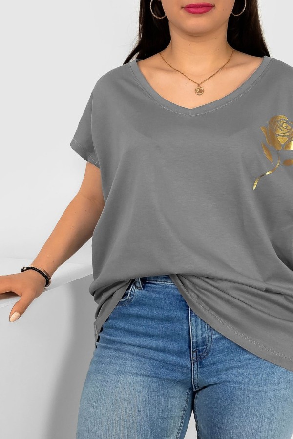 T-shirt damski plus size nietoperz dekolt w serek V-neck szary złota róża Rosi 1