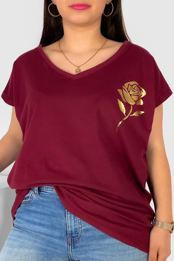 T-shirt damski plus size nietoperz dekolt w serek V-neck burgundowy złota róża Rosi