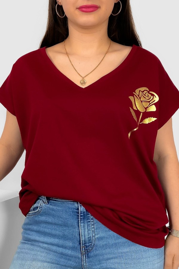 T-shirt damski plus size nietoperz dekolt w serek V-neck bordowy złota róża Rosi