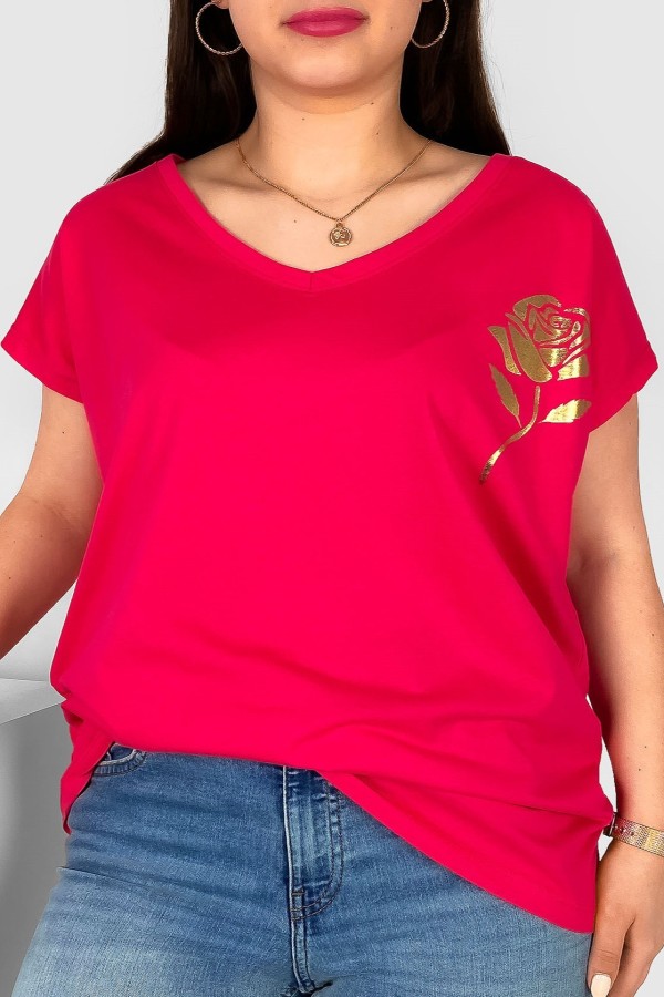 T-shirt damski plus size nietoperz dekolt w serek V-neck malinowy złota róża Rosi