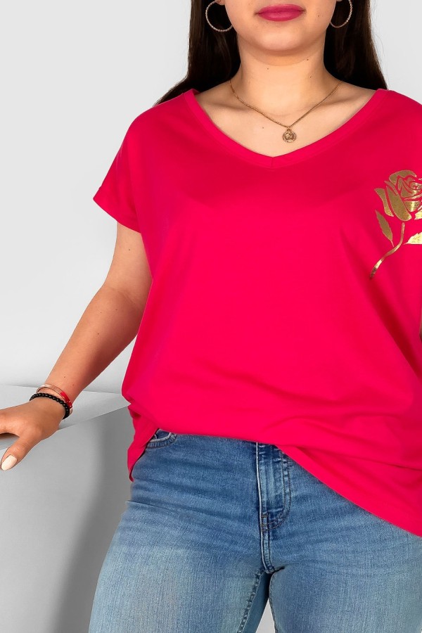 T-shirt damski plus size nietoperz dekolt w serek V-neck malinowy złota róża Rosi 1