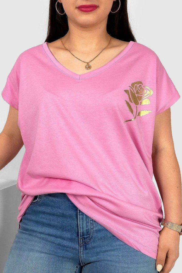 T-shirt damski plus size nietoperz dekolt w serek V-neck jasny róż złota róża Rosi