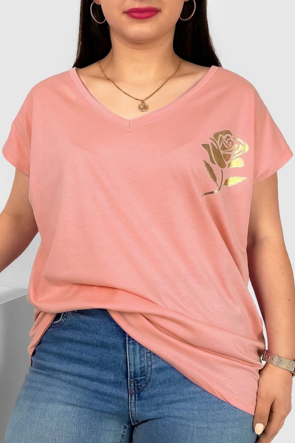 T-shirt damski plus size nietoperz dekolt w serek V-neck brzoskwiniowy złota róża Rosi
