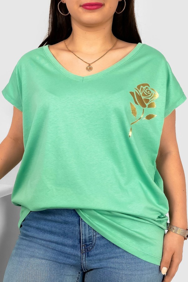 T-shirt damski plus size nietoperz dekolt w serek V-neck jasny zielony złota róża Rosi