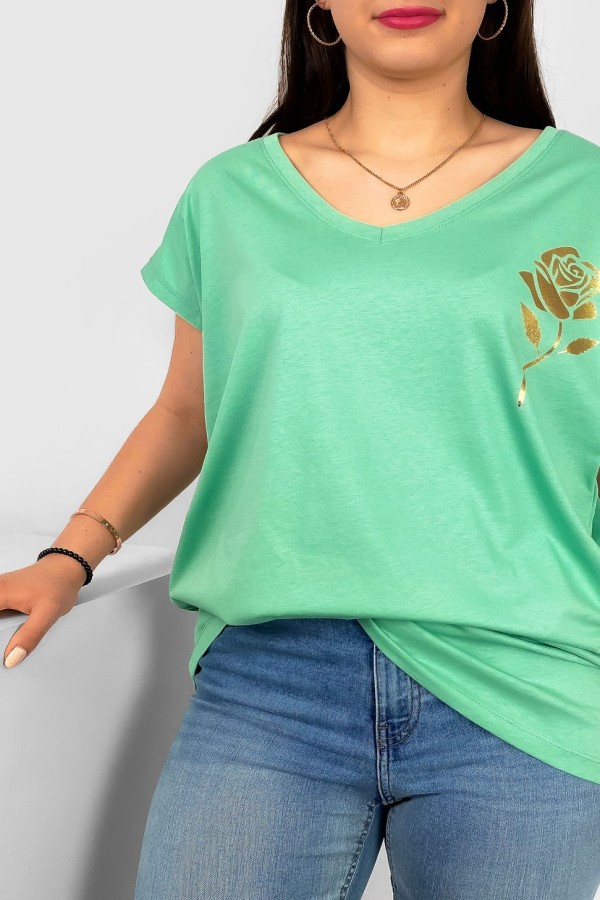 T-shirt damski plus size nietoperz dekolt w serek V-neck jasny zielony złota róża Rosi 1