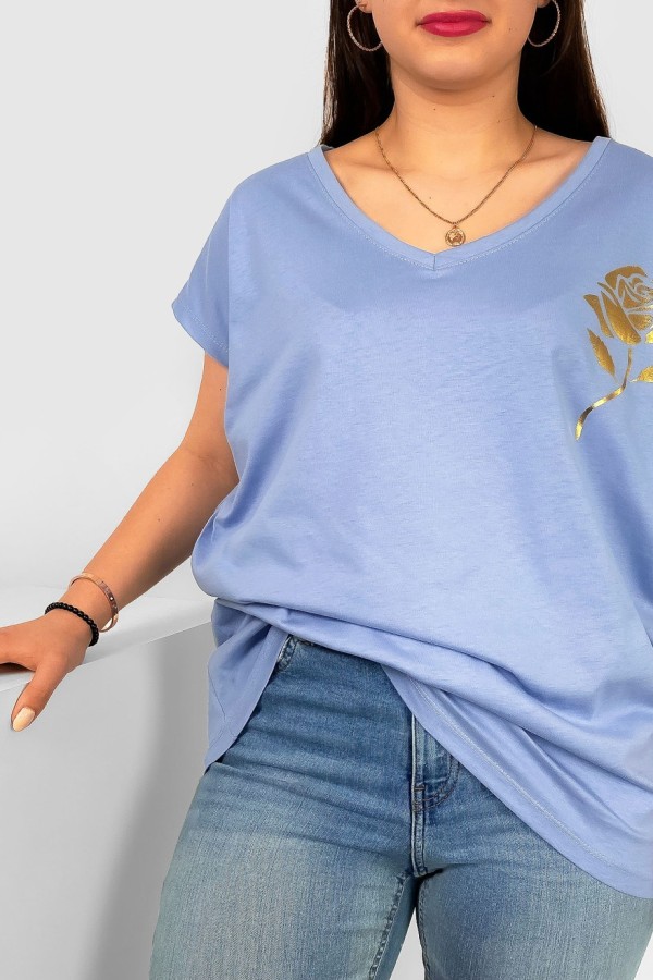 T-shirt damski plus size nietoperz dekolt w serek V-neck baby blue złota róża Rosi 1