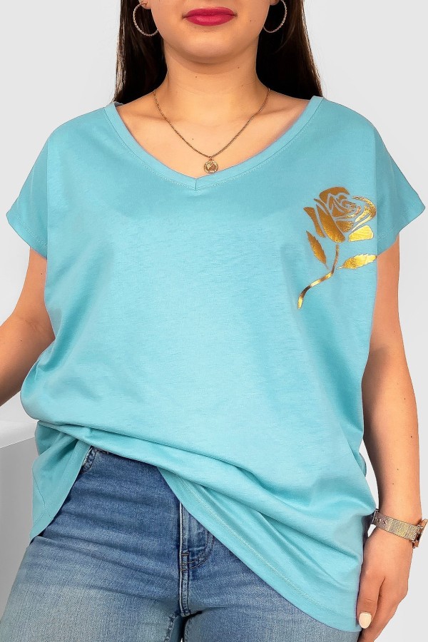 T-shirt damski plus size nietoperz dekolt w serek V-neck jasno niebieski złota róża Rosi