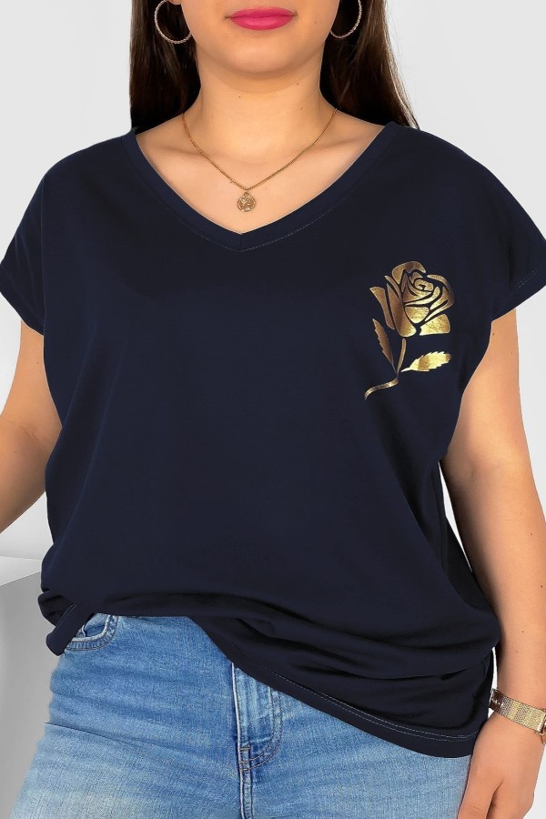 T-shirt damski plus size nietoperz dekolt w serek V-neck czarny granat róża Rosi