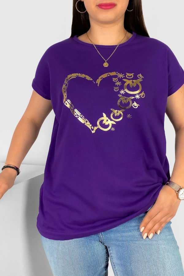 T-shirt damski plus size w kolorze fioletowym złoty print serce pierścienie 1