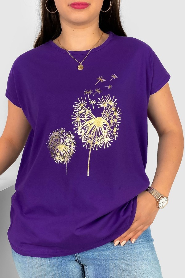 T-shirt damski plus size w kolorze fioletowym złoty print dwa dmuchawce