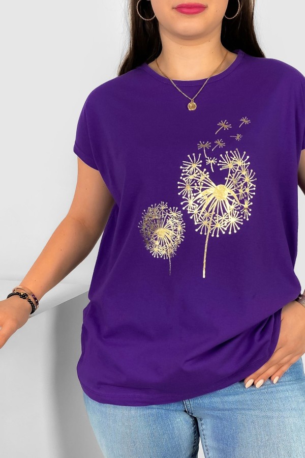 T-shirt damski plus size w kolorze fioletowym złoty print dwa dmuchawce 1