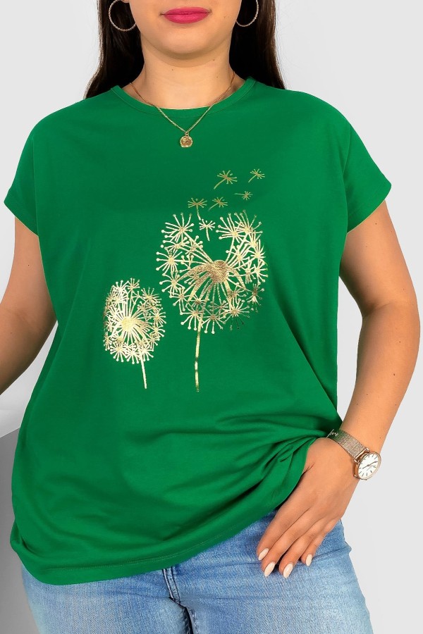 T-shirt damski plus size w kolorze zielonym złoty print dwa dmuchawce