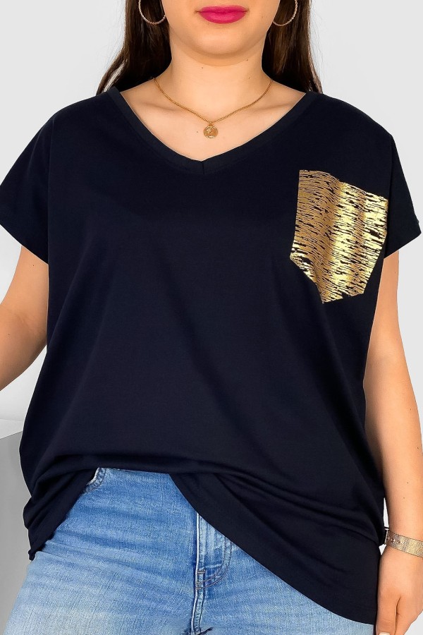 T-shirt damski plus size czarny granat nietoperz dekolt w serek V-neck złota kieszeń pocket
