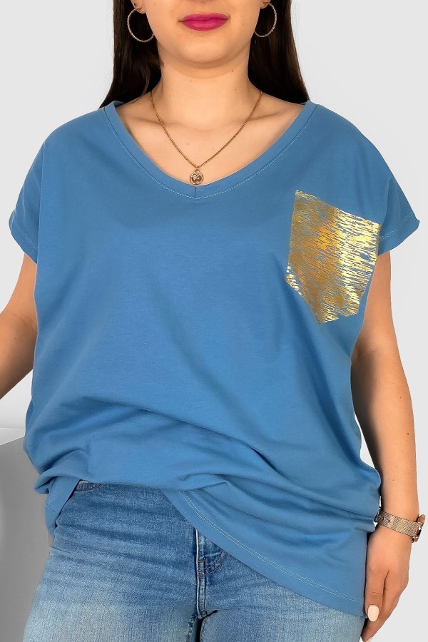 T-shirt damski plus size denim nietoperz dekolt w serek V-neck złota kieszeń pocket