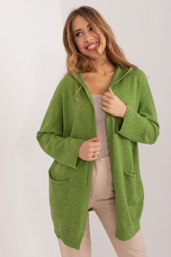 Sweter damski oversize w kolorze jasno zielonym narzutka milutki kardigan z kapturem Twist 1