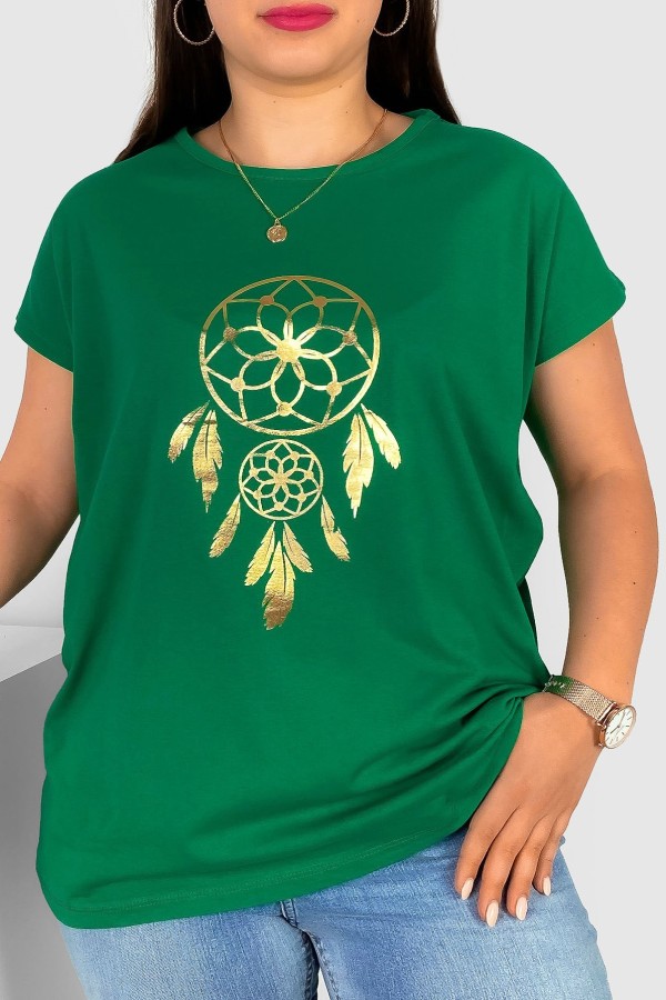 T-shirt damski plus size w kolorze zielonym złoty print łapacz snów piórka