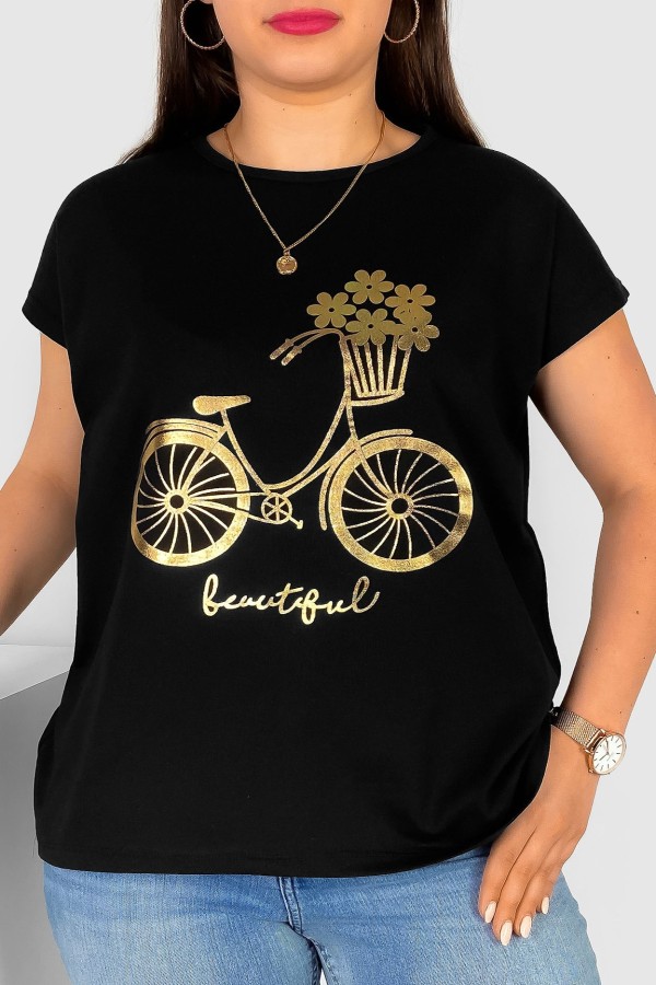 T-shirt damski plus size w kolorze czarnym złoty print rower kwiatuszki