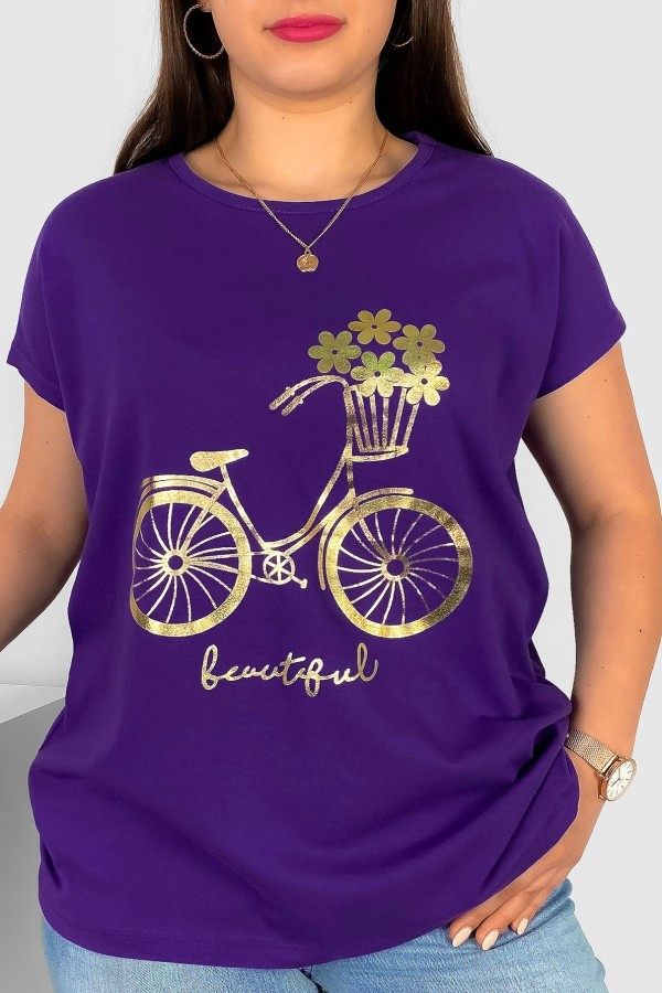 T-shirt damski plus size w kolorze fioletowym złoty print rower kwiatuszki