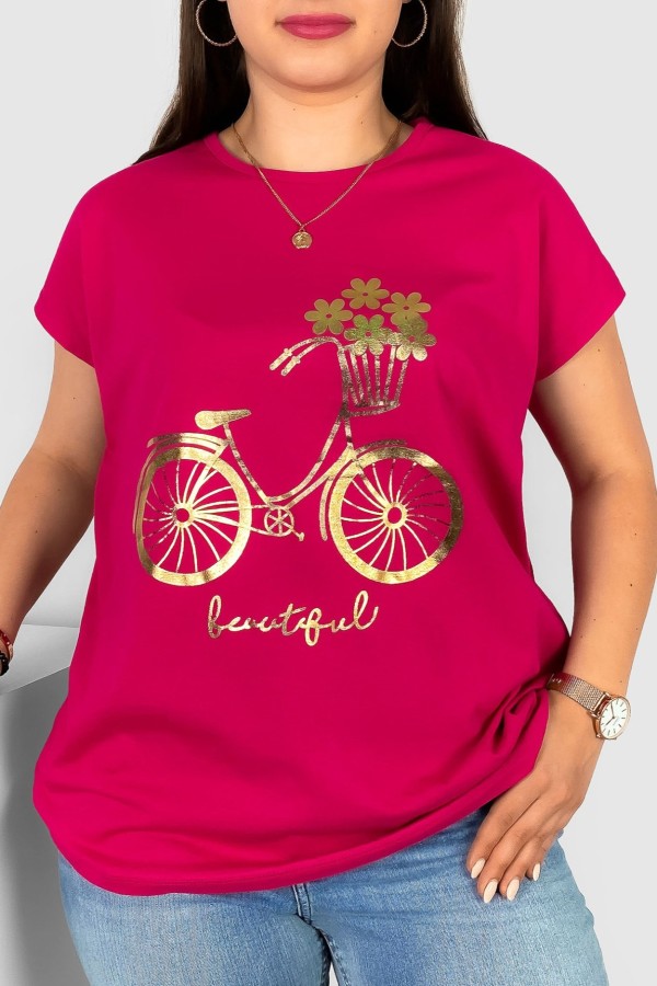 T-shirt damski plus size w kolorze fuksji złoty print rower kwiatuszki