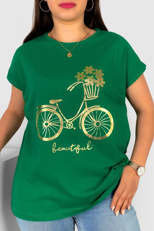 T-shirt damski plus size w kolorze zielonym złoty print rower kwiatuszki
