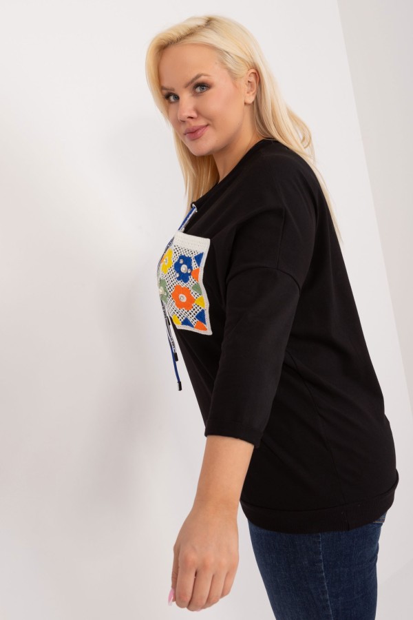 Bluza bluzka damska oversize nietoperz w kolorze czarnym kolorowa kieszeń FOLK 2