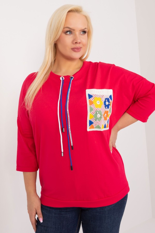 Bluza bluzka damska oversize nietoperz w kolorze czerwonym kolorowa kieszeń FOLK 2