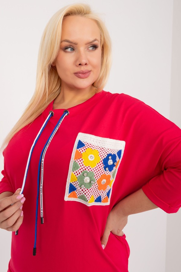 Bluza bluzka damska oversize nietoperz w kolorze czerwonym kolorowa kieszeń FOLK 1