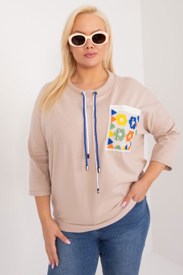 Bluza bluzka damska oversize nietoperz w kolorze beżowym kolorowa kieszeń FOLK 2