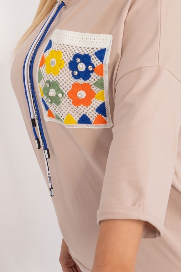 Bluza bluzka damska oversize nietoperz w kolorze beżowym kolorowa kieszeń FOLK 6