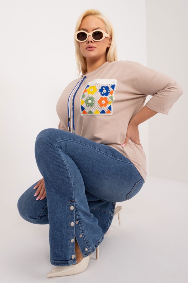 Bluza bluzka damska oversize nietoperz w kolorze beżowym kolorowa kieszeń FOLK 1