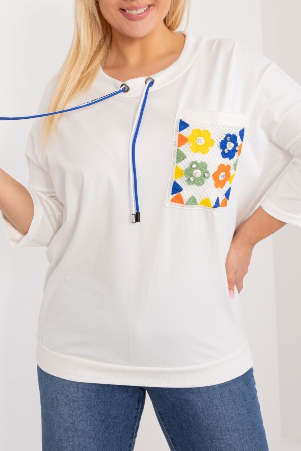 Bluza bluzka damska oversize nietoperz w kolorze ecru kolorowa kieszeń FOLK