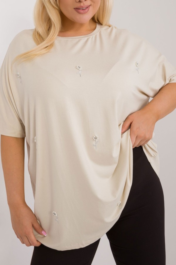 Bluzka plus size w kolorze beżowym oversize kwiaty perełki Pearls