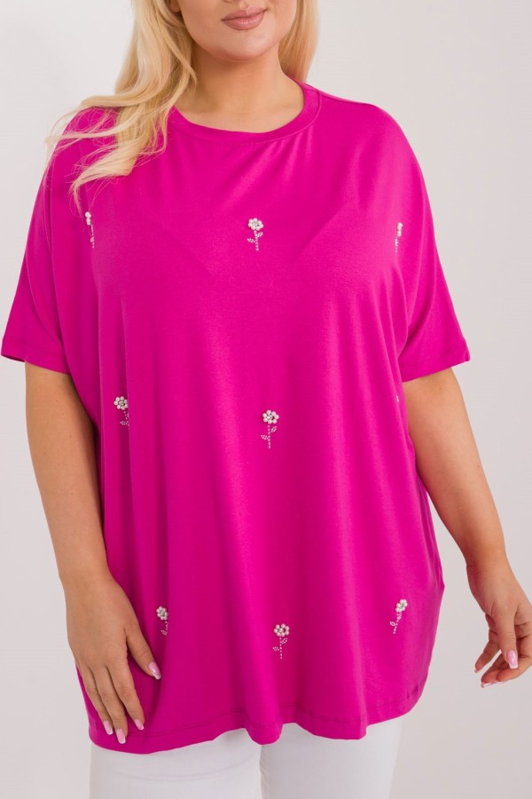 Bluzka plus size w kolorze fuksji oversize kwiaty perełki