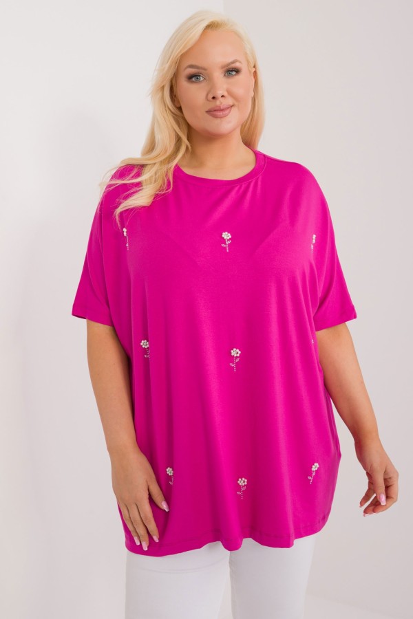 Bluzka plus size w kolorze fuksji oversize kwiaty perełki 1