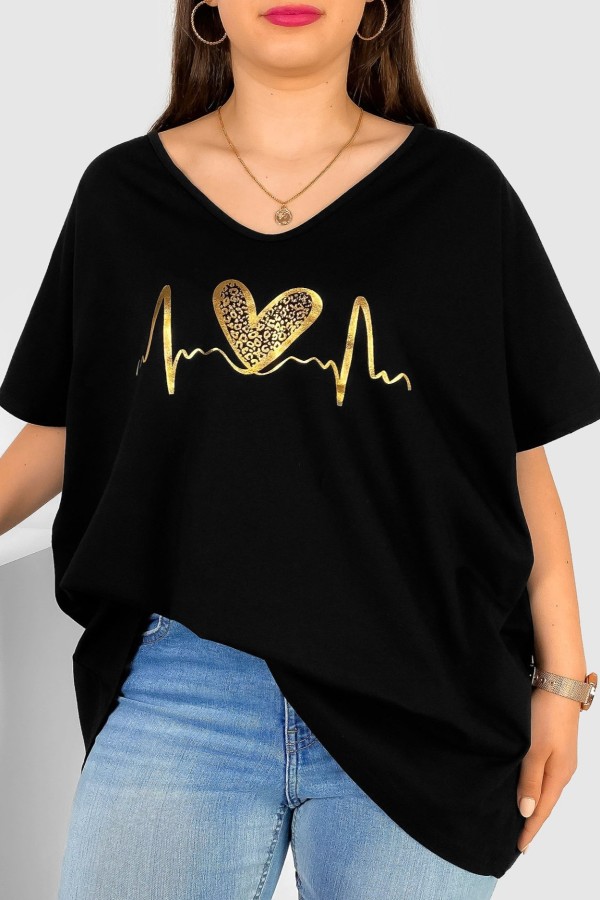 Bluzka damska T-shirt plus size w kolorze czarnym złoty nadruk linia życia serce
