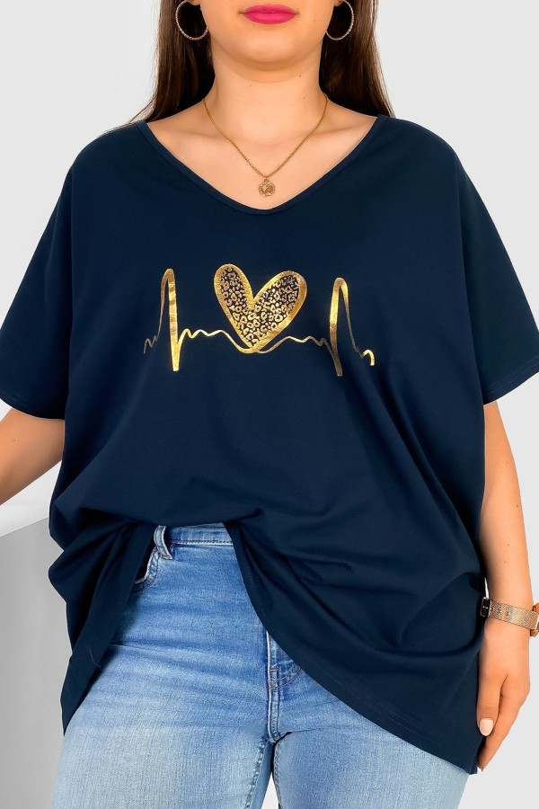 Bluzka damska T-shirt plus size w kolorze granatowym złoty nadruk linia życia serce