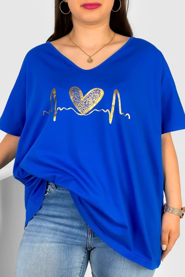 Bluzka damska T-shirt plus size w kolorze chabrowym złoty nadruk linia życia serce